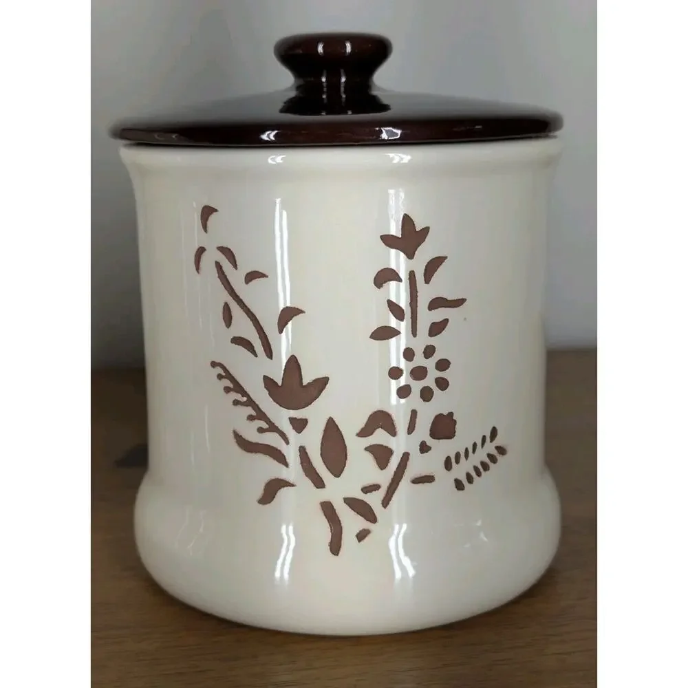 Vintage Holiday Designs USA Canister Set Of 3 Ceramic Brown White Floral Cut Out